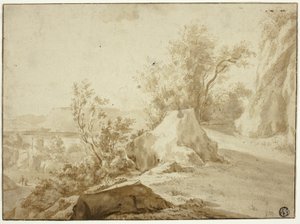 Skály a horská cesta, postavy a město níže od Bartholomeus Breenbergh