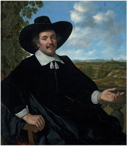 Portrét Gabriela Marselise, tříčtvrteční, sedící, před balustrádou, krajina s venkovským domem a dalekým výhledem na Haarlem za ním od Bartholomeus van der Helst