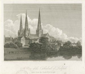 Katedrála Lichfield - South West View: rytina, 1796 od Bartholomew Howlett