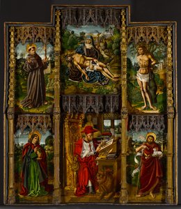 Přenosný oltářní obraz: Pietà, svatí František, Sebastian, Jan Evangelista, Jeroným a Jan Křtitel, kolem roku 1500