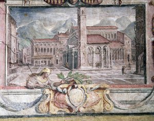 Ložnice, detail vlysu zobrazující města pod vládou Medicejských, Pistoia, freska 1564-75