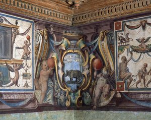 Sala del Granduca di Toscana sál velkovévody z Toskánska detail vlysu znázorňujícího znamení zvěrokruhu, nosorožce, freska 1564-75