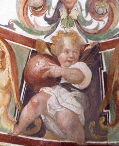 Studie Studiolo Francesca deMedici 1541-87 detail dekorace zobrazující putto držící zeměkouli, freska 1564-75