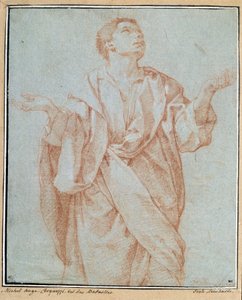 Muž zahalený, paže otevřené, oči zvednuté k nebi, hlava nakloněná Kresba a la sanguine od Bartolomea Cesiho (1556-1620) Rozm. 0,28 x 0,23 m Paříž. muzeum Louvre