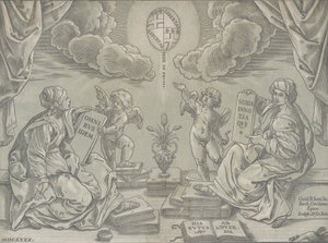Alegorie teze, dvě ženy drží desky s nápisem, 1640.
