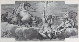 Talíř 34: Auriga, vozataj, padá z vozu uprostřed, se třemi koňmi v l..., 1756. Tvůrci: Bartolomeo Crivellari, Gabriel Söderling. od Bartolomeo Crivellari, Gabriel Söderling