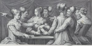 Skupina elegantně oblečených lidí hrajících karty, 1740-68