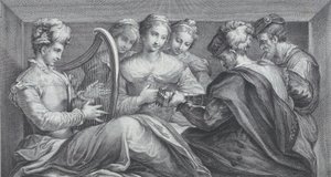Skupina elegantně oblečených lidí hrajících na harfu a kytaru, 1740-68