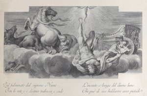 Talíř 34: Auriga, vozataj, padá z vozu uprostřed, se třemi koňmi v l..., 1756