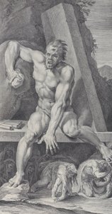 Deska 7: oslepený Polyphemus, střežící vchod do své jeskyně, s Odyssem a jeho..., 1756