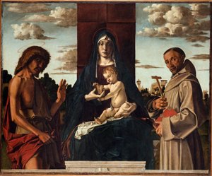 Panna a dítě se svatými Františkem a Janem Křtitelem par Montagna, Bartolomeo (1449-1523). Olej na dřevě, rozměr: 148x180, cca 1485, Fondazione Cini, Venezia