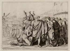Atilius Regulus se chystá opustit Řím a vrátit se do zajetí v Kartágu (lept)