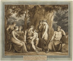 Calypso sleduje Telemacha s Amorem na koleně, zatímco Mentor sleduje v hněvu, z The Adventures of Telemachus, kniha 7 od Bartolomeo Pinelli