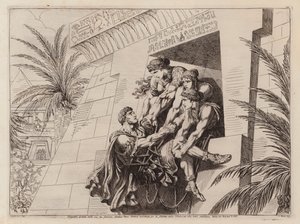 Kleopatra a její společníci zvedají umírajícího Marka Antonia do hrobky (lept) od Bartolomeo Pinelli