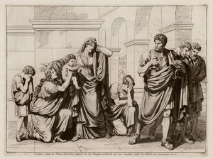 Coriolanus, vyhoštěný z Říma, opouští svou rodinu a plánuje pomstu (lept) od Bartolomeo Pinelli
