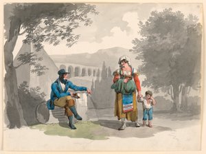 Kresba, Žena držící rukou chlapce, který prochází kolem muže sedícího mezi ruinami v Kampánii, 1807 od Bartolomeo Pinelli