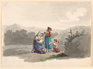 Kresba, Žena s dítětem modlící se před křížem označujícím místo, kde byl její manžel zabit, 1807-08 od Bartolomeo Pinelli