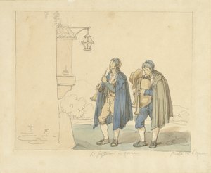 Hráč na flétnu a dudák před domem Li Pifferari v Římě (název na objektu) od Bartolomeo Pinelli