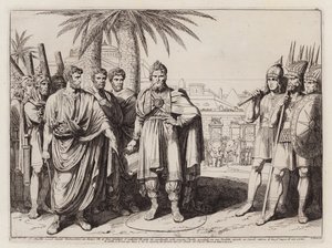 Gaius Popillius Laenas kreslí v písku kruh kolem Antiocha IV Epifana (lept) od Bartolomeo Pinelli