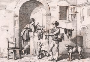 Carnacciaro, pouliční prodejce kočičího masa, lept Bartolomeo Pinelli (Řím od Bartolomeo Pinelli