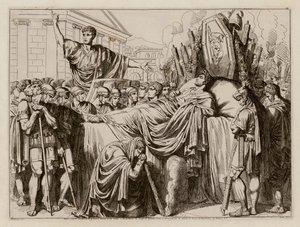 Valerius pronáší smuteční řeč na Brutově pohřbu, 509 př. n. l. (lept)