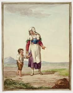 Žena v domorodém kroji s chlapcem na silnici od Bartolomeo Pinelli