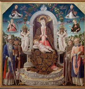 Panna s dítětem na trůnu obklopená svatým Augustinem, svatým Rochem, svatým Ludvíkem z Toulouse (Anjou), svatým Mikulášem z Myre a na nebi svatá Kateřina, svatá Dominika, svatý Petr mučedník (Verona) a svatá Marie Madeleine (Panna s dítětem vtip