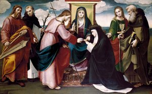 Mystická svatba svaté Kateřiny Sienské s Kristem a svatých Jana Křtitele, Antonia Abatea, Dominika, krále Davida a Panny Marie, c. 1517 (olej na panelu) od Bartolomeo called Bagnacavallo Ramenghi
