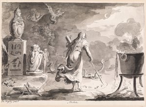 Medea. Žena otočená zády, mezi plazy, mořskými tvory, čarodějnickým kotlem a egyptskými sochami, píše v noci do kruhu na zem čarodějné runy. od Bartolomeo d