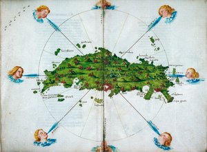 Isolario, veršované, s barevnými kresbami a mapou východního Středomoří na pergamenu, asi 1480 (kresba na pergamenu)
