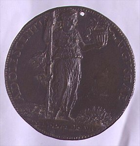 Portrétní medaile zobrazující ženskou postavu držící hůl (bronzová) (reverzní viz 96845) od Bartolommeo Melioli