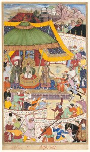 Mladý císař Akbar zatýká drzého šáha Abu’l-Maaliho, stránka z rukopisu Akbarnamy