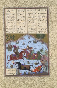 Gustaham zabíjí Lahhaka a Farshidvarda, Folio 349v z Shahnama Book of..., ca.1525-30.