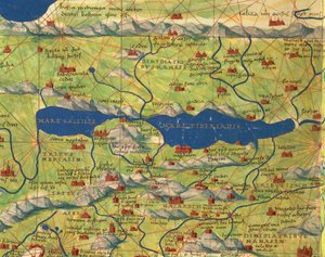 Svatá země, Izrael a Palestina: Galilejské moře a město Tiberias, z Atlasu světa ve třiceti třech mapách, Battista Agnese od Battista Agnese