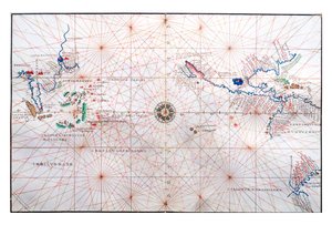 Navigační mapa ukazující Čínu, Cejlon a Filipíny a obratníky Raka a Kozoroha, kolem roku 1540 od Battista Agnese