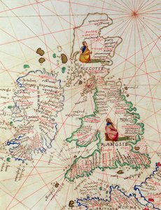 Království Anglie a Skotska, z Atlasu světa ve 33 mapách, Benátky, 1. září 1553 (inkoust na pergamenu) (detail z 330949)
