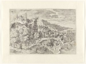 Krajina s ženami na lovu od Battista Angolo del Moro (attributed to)