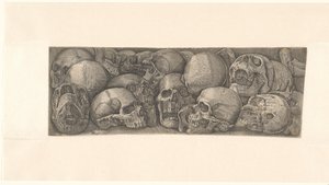 Lidské lebky, při pohledu z různých úhlů a seskupené jako vlys od Battista Franco (attributed to)