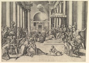 Constantine Představuje město Řím Svatému stolci, vpravo, mnoho diváků ..., ca. 1530-61. od Battista Franco Veneziano