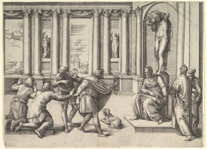 Muž sedící pod sochou Bakcha, přijímající publikum, ca. 1530-61.