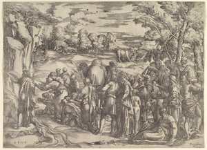 Mojžíš čerpající vodu ze skály, vlevo s tekoucí vodou, různé postavy a ..., ca. 1552-61.