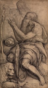 Svatý Jeroným klečící před krucifixem, s lebkou a lvem, ca. 1550-60.