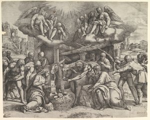 Klanění pastýřů s anděly nad hlavou, ca. 1530-61. od Battista Franco Veneziano