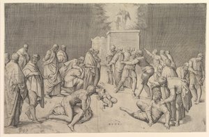 Pelištejci umístili Archu úmluvy do Dagonova chrámu, ca. 1540.
