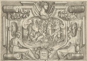 Muž a žena nabízející mísu mincí králi sedícímu na trůnu, zasazeném do..., ca. 1540-80.
