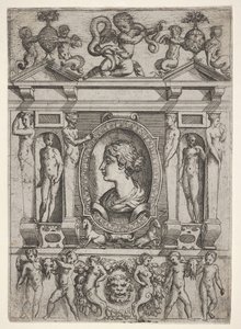 Busta ženy z profilu vlevo, zasazená do propracovaného rámu s postavami v n..., ca. 1540-80.
