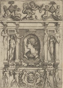 Busta ženy z profilu vlevo, zasazená do propracovaného rámu s postavami v n..., ca. 1540-80.