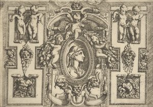 Busta ženy z profilu vpravo, zasazená do propracovaného rámu s putti, ..., ca. 1540-80.