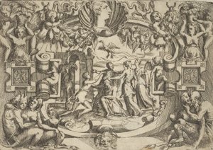 Čtyři ženy obklopující sedící postavu, nad nimi pták, zasazené do propracovaného ..., ca. 1540-80.