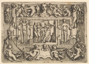 Kumejská sibyla kráčející doprava a nesoucí tác, následovaná třemi ženami..., ca. 1540-80.